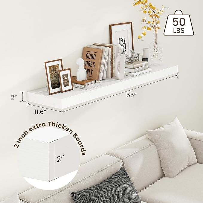 12 Inch Deep Floating Shelves | 55 Inch White Floating Shelves | 55" W x 12" D Rustic Wood Shelves for Wall | Deep White Shel