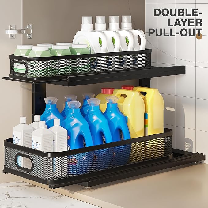 2 Pack 21IN-Depth Under Sink Organizer With Next-Gen Ball-Bearing Slides,2-Tier Precision Mesh Pull Out Cabinet Storage for B