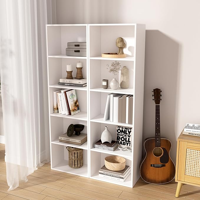 Wooden 5 Cube Storage Organizer, White 5 Tier Bookcase Bookshelf Freestanding Storage Display Organizer, Versatile Cubes Open