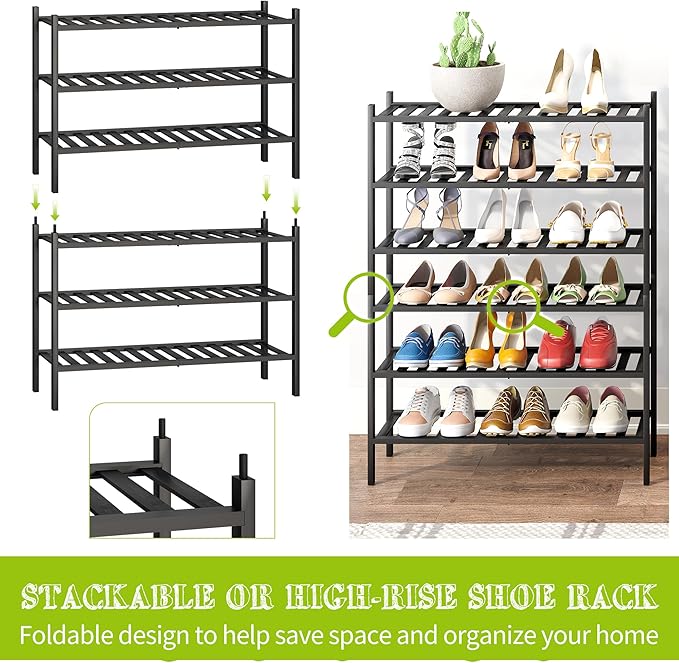 BMOSU 3-Tier Bamboo Shoe Rack Premium Stackable Shoe Shelf Storage Organizer for Hallway Closet Living Room Entryway Organize
