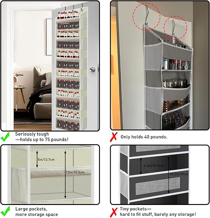 over the door organizer, Solid Bamboo Board (Not Plastic!) 6-Tier Heavy Duty 75LB, 12 Side Pockets, 3 Reinforced Hooks & Anti