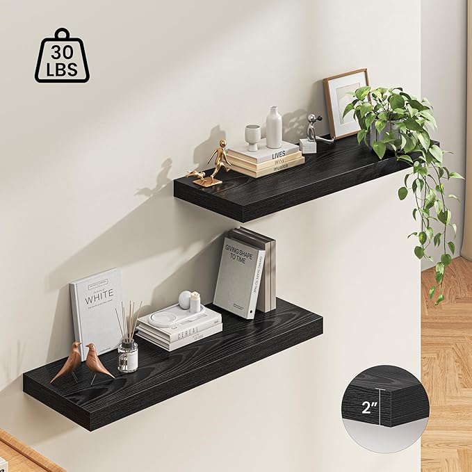 Dreamland 40" Floating Shelves for Wall, 12" Deep Thicker Black Floating Shelves, Wall-Mounted Shelves for Bedroom, Living Ro