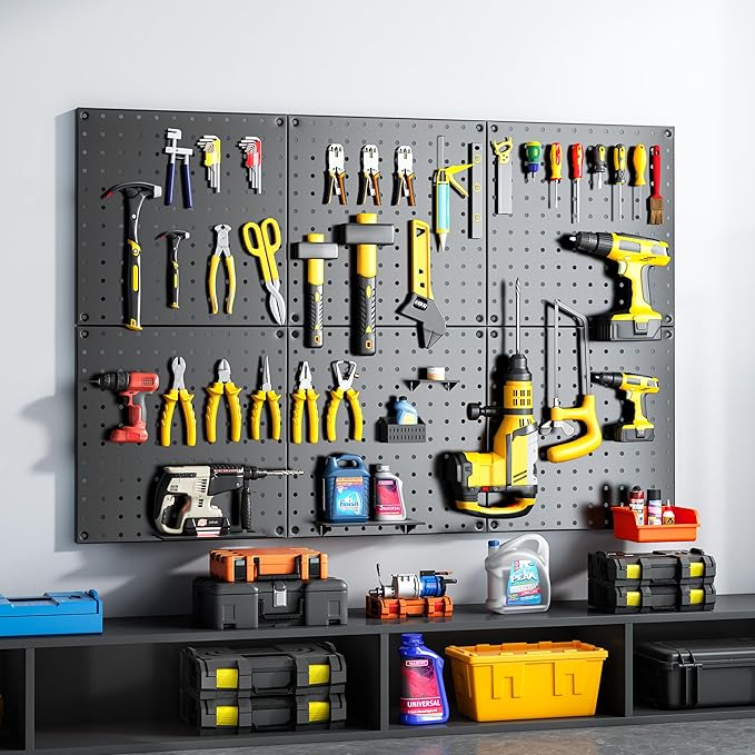 Peg Board, 70PCS Heavy Duty Metal Pegboard with Hooks, 6 Pack Black Peg Board Panels, 50lbs Load Capacity Each, Pegboard Wall