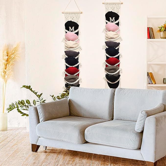 jontell Boho Ball Cap Hanger-2 Pack-Boho Macrame Cap Holder Wall Hat Organizer for Baseball Cap Holder Over Door, Hat Rack fo