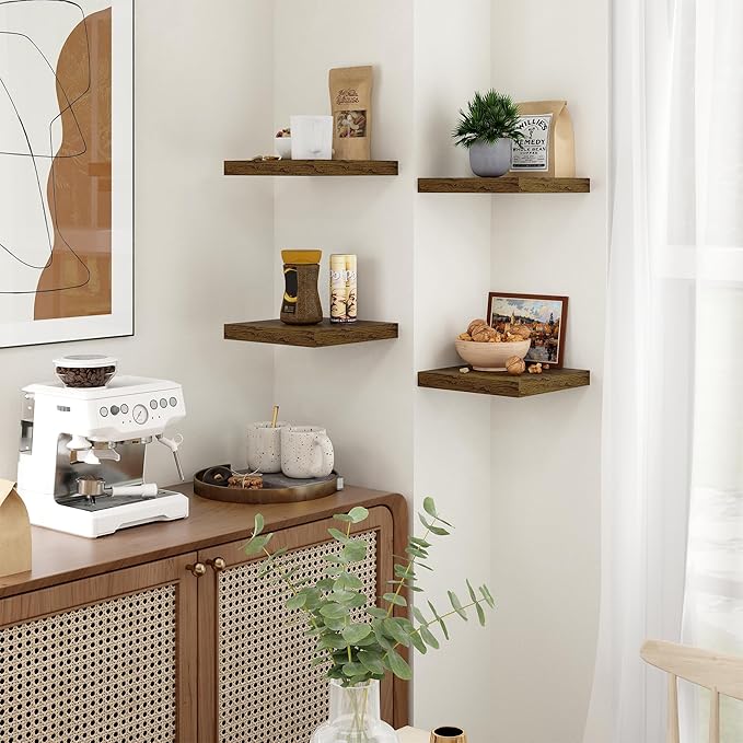 Fun Memories Square Floating Shelves for Wall - 9.3 Inch Deep Floating Shelves with Invisible Brackets, Brown Small Wall Shel