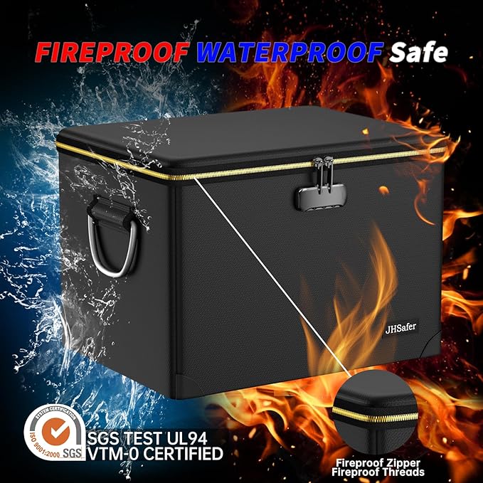 Fireproof Document Box with Fireproof Zipper,Hard Case Fireproof File Box with Lock,Insulated Non-Foldable Fireproof File Cab