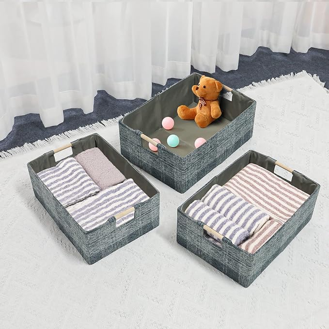 Fabric Storage Bin Box Collapsible Cotton Linen Storage Cube with Wooden Handles Rectangular Decorative Home Organizer Clothe