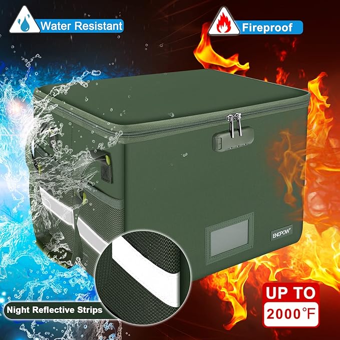 ENGPOW File Box with Lock, Fireproof Document Box with Pockets, Collapsible File Organizer Filing Storage Cabinet with Handle