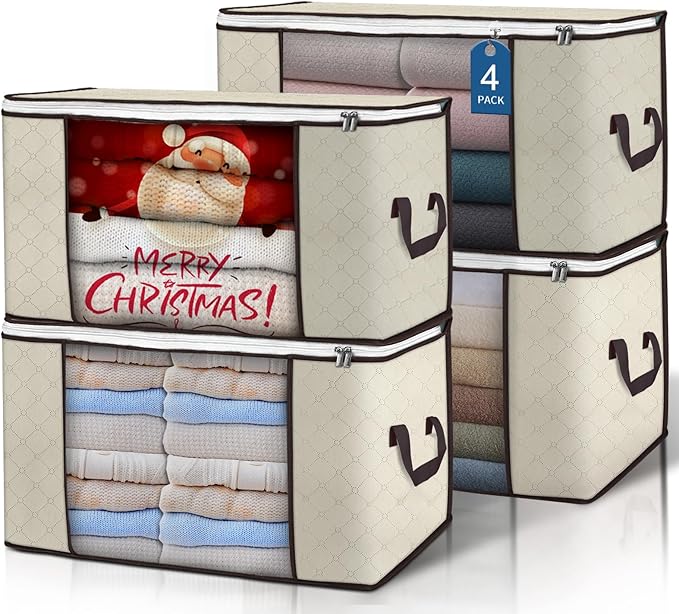 90 L Large Storage Bags, 4 Pack Clothes Storage Bins Foldable Closet Organizers Storage Containers with Reinforced Handle for