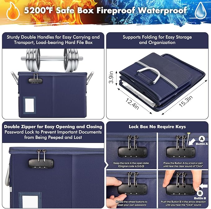 TOMKID 5200°F Fireproof Document Box, Fire Important Document Organizer with Lock, Upgraded Heat Insulated Filing Storage Cab