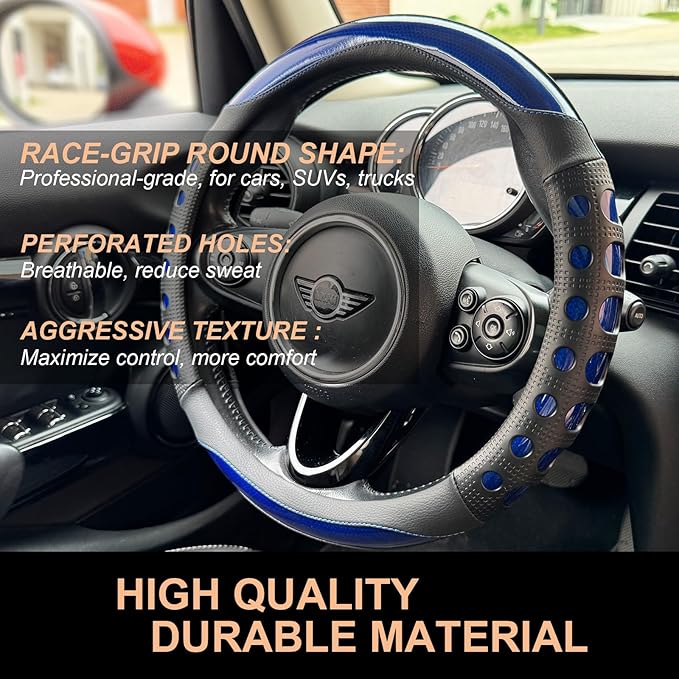 PINCTROT Race Grip Steering Wheel Cover, Anti-Slip Silicone Perforated Design with Soft Touch Padding, Enhanced Grip for Sporty Driving, Universal 14.5-15 Inch (Racing Blue)