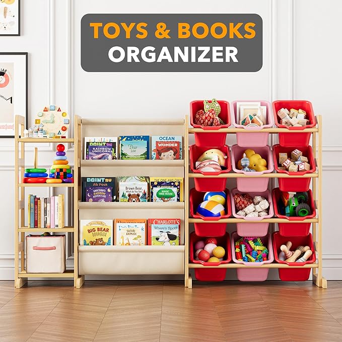 SpaceAid 3-in-1 Toy Storage Organizer with 4 Shelves and 12 Bins, Toy Organizers Storage 3-Tier Bookshelf, Kids Bin Shelf Box