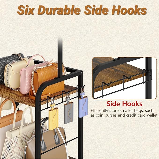 Floor-Standing Purse Organizer for Closet with 5 Hangers & 6 Side Hooks, Tall Purse Rack Stand for Purse Storage, High-Capaci