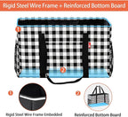 Extra Large Utility Tote Bag, Foldable Reusable Grocery Bags with Metal Wire Frame & Reinforced Bottom Board, Stand up Large Utility Tote for Groceries, Beach Bag, Laundry, Car (Cube Plaid)
