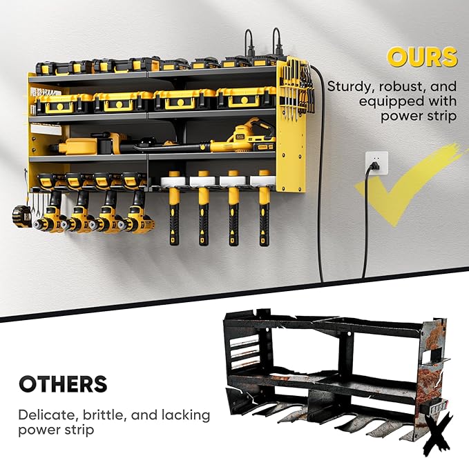 POKIPO Large Power Tool Organizer Wall Mount with Charging Station,4 Layer Heavy Duty Metal Storage Rack Loads 600lbs with 8 