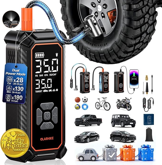 OlarHike Cordless Tire Inflator Portable Air Compressor, Dual Power Mode - 9000 mAh & 12V DC, Air Pump for Car Tires, Motorcycle, Bicycle, Electric Pump with LED Light & Digital Pressure Gauge