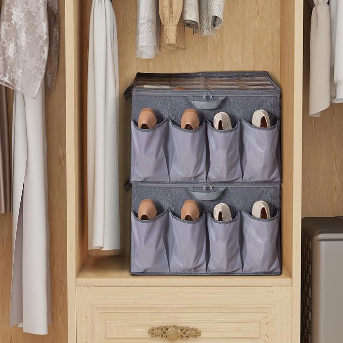 Shoe Organizer for Closet, Shoe Storage Solution with Clear Cover & Adjustable Dividers, Fabric Shoe Box Fits 16 +8 Pairs Sho