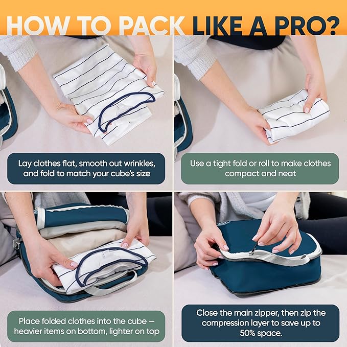 TRIPPED XL Compression Packing Cubes — 7-Piece Set for Checked Luggage | Extra-Large (15.7"×11"×4") + Large + Small + Tube + 