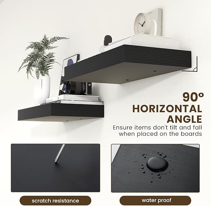 Deep Floating Shelves | 24 Inch Black Floating Shelves Set of 2 | 12 Inch Deep Rustic Wood Shelves for Wall | 24" W x 12" D B