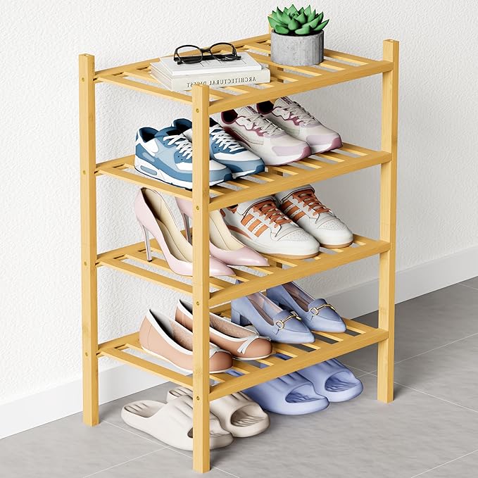 Smiry Bamboo Shoe Rack for Closet, 4 Tier Small Wooden Stackable Shoe Organizer, Free Standing Shoes Storage Shelf for Entryw