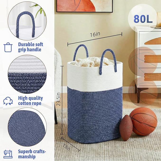 Laundry Basket,Woven Cotton Rope Laundry Hamper,Versatile Storage for Dirty Clothes,Baby Toys,and Blankets in Bathroom, Nurse
