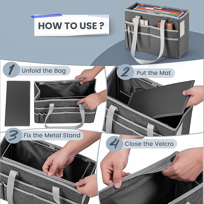 File Organizer Box, Portable Tote Bag Hanging Filing Box Desktop File Folder Document Storage Organizer with Pockets and Hand