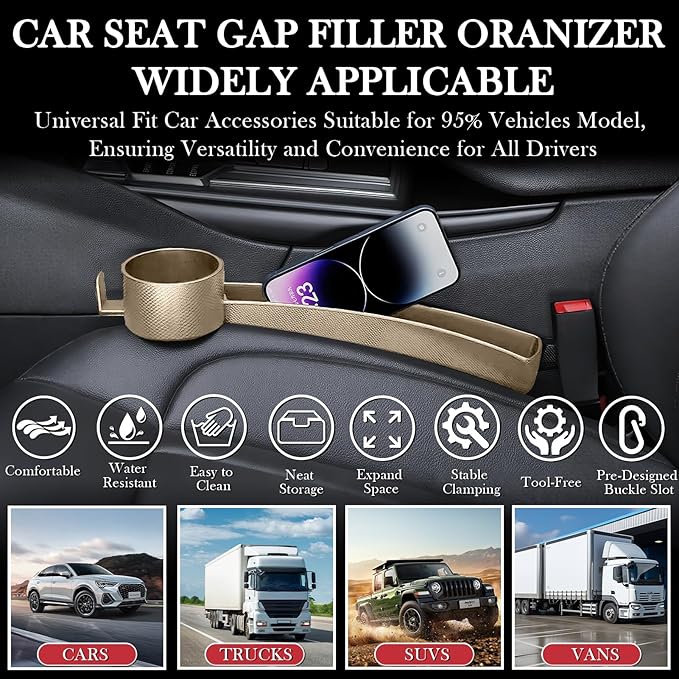 Car Seat Gap Filler Set of 2, Upgraded Car Side Seat Gap Fillers with Organizer, Cup Holder & Hook Function, Inserts Between Front Seats Console Catcher 4in1 Gap Stopper Fill Plug Storage Box (Beige)