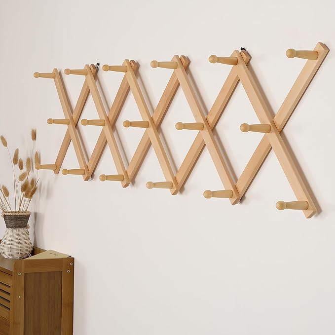 SKOLOO Hat Rack for Wall with 17 Hooks, Solid Wooden, Modern, Expandable Coat Rack Wall Mount for Coats, Hats, Bags, Baseball