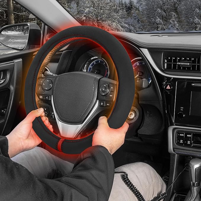 Motor Trend WarmGrip Heated Steering Wheel Cover – Hand Warming Steering Wheel Protector, Heats up Quickly - Fits Wheels 14.5-15.5" for Car Truck Van SUV (Black/Gray Color)