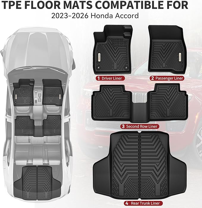 YITAMOTOR Floor Mats & Trunk Mat Fit for Honda Accord 2026 2025 2024 2023 (Gasoline & Hybrid), All Weather TPE Floor Liner Custom Fit for Accord Accessories, 1st, 2nd Row and Cargo Liners, Black
