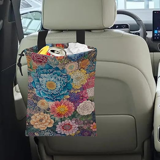 Car Trash Bag Hanging Blooming Flowers Car Trash Can Waterproof Garbage Bag Hanging for Car Back Seat