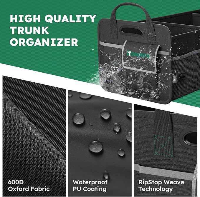 Heavy-Duty Trunk Organizer & Multi-Compartment Storage Box for SUV/Sedan/Minivan,600D Waterproof Oxford,2 Securing Hooks &
