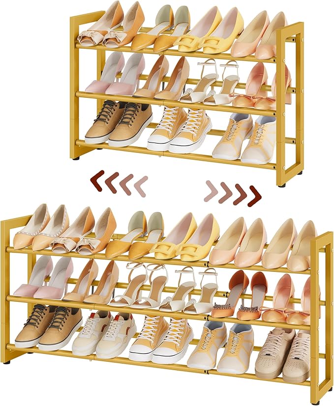 FAVOOSTY 3-Tier Expandable Shoe Rack, Adjustable Shoe Shelf Storage Organizer Space Saving Metal Free Standing Shoe Rack for 