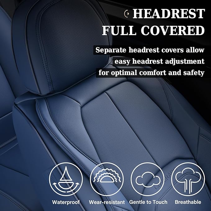 Coverado Car Seat Covers Full Set, Blue Car Seat Cover, Nappa Leather Seat Covers for Cars, Waterproof Car Seat Protector wit