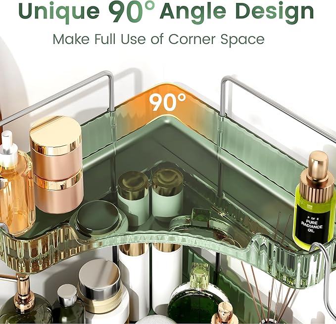3-Tier Green Corner Organizer, PET Counter Storage with Hooks | Multi-Surface Organizer for Bathroom Vanity & Kitchen Counter