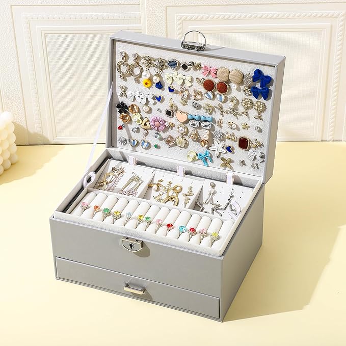 BOOVO Earring Jewelry Box For Women Girl Stud Organizer, 5 Layers Girl Jewelry Organizer Box With Lock Earring Holder Organiz
