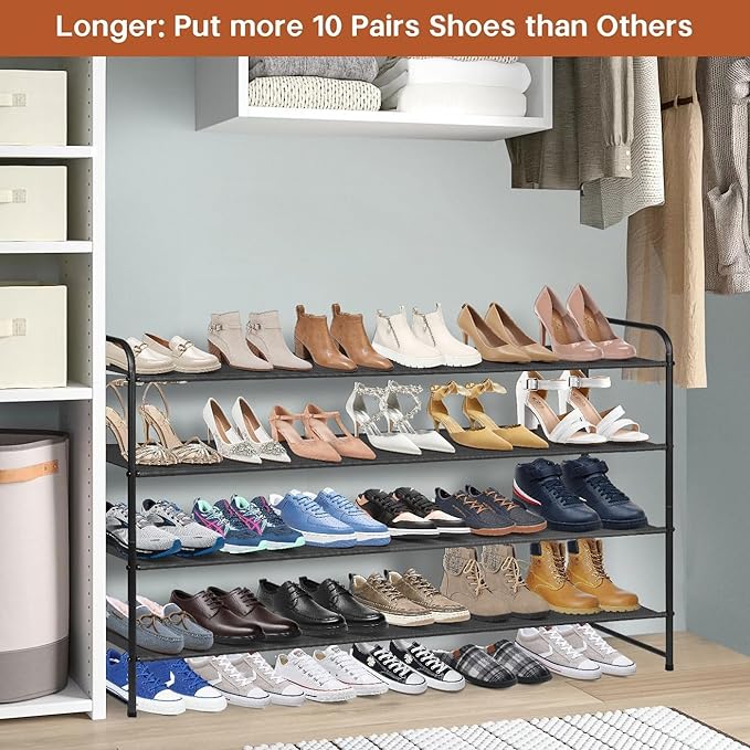 KIMBORA 4 Tier Long Shoe Rack for Closet Floor, Wide Shoe Shelf Storage Organizer 30-Pairs Stackable Sneaker Organizer for Cl