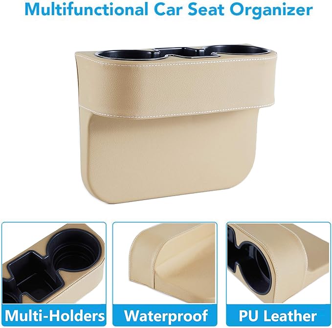 IOKONE Coin Side Pocket Console Side Pocket Leather Cover Car Cup Holder Auto Front Seat Organizer Cell Mobile Phone Holder (Beige)