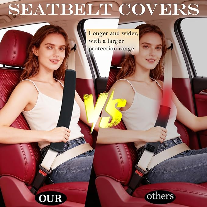 Extended Seat Belt Cover Pad, 2 Pack Soft & Comfortable Universal Seatbelt Covers for Adults and Kids, Fits Car Seat Belts, Armrest, and Backpacks (Black)