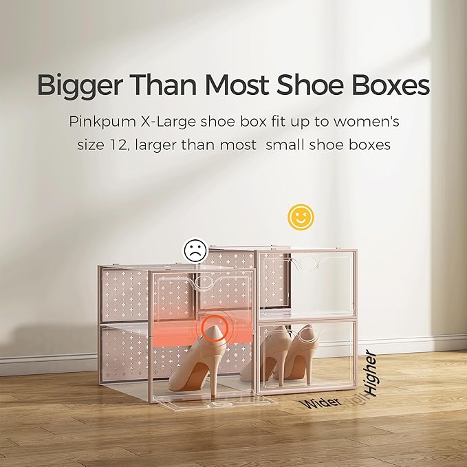 Pinkpum 15 Pack X-Large Shoe Storage Boxes, Shoe Organizer for Closet Clear Plastic Stackable Shoe Dispaly Case Bins Holder, 