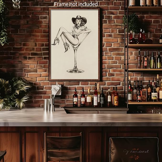 Vintage Western Canvas Wall Art Coquette Cowgirl Martini Posters Prints 16x24 in Unframed Retro Bar Cart Cocktail Artwork Aes