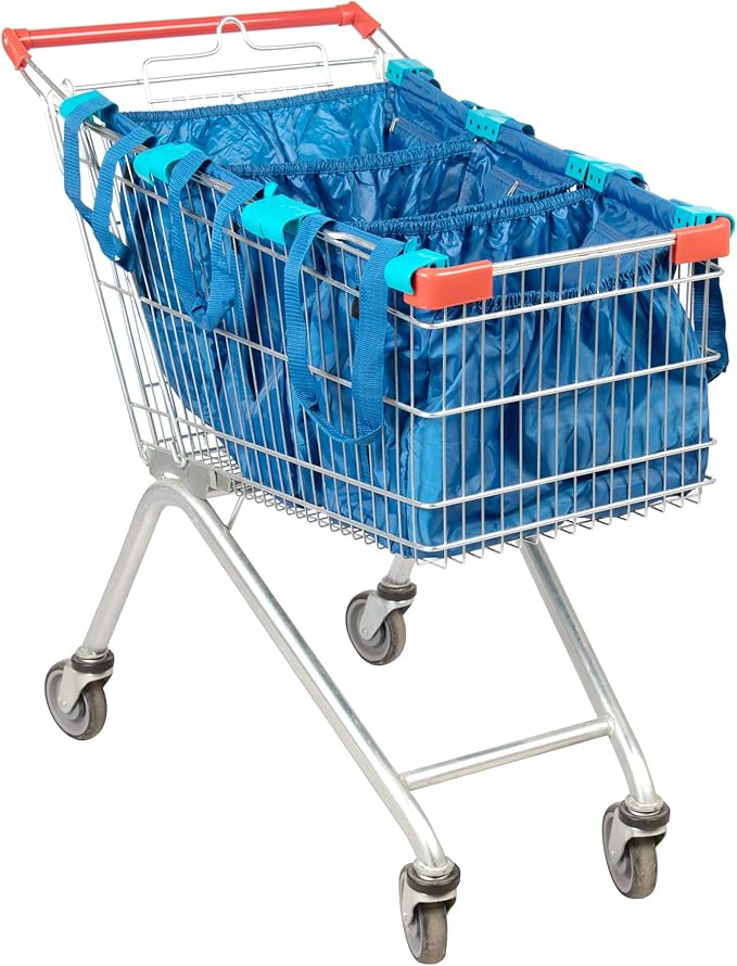 Handy Sandy Cart Caddy – 3-Pack Reusable Shopping Bags with Cart Clips | Heavy-Duty Grocery Organizer Tote Set | Eco-Friendly, Foldable, 40 lb Capacity | Blue