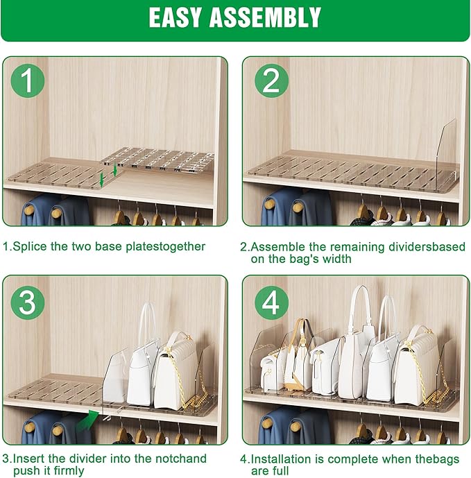 Bag & Purse Organizer for Closet, 4 Sets Adjustable Clear Handbag Storage Shelf, Plastic Clutch Dividers for Closet Organizer