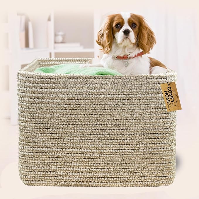 COMFY-HOMI Square Woven Cotton Rope Basket for Organizing, Gift Baskets for Handles, Empty Gift Baskets, Toy Basket for bins|