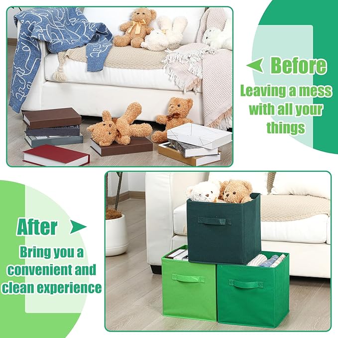 Karenhi 11" x 10. 5" x 10. 5" Green Storage Cube, 6 Pack Fabric Cube Storage Bins Organizer Box, Collapsible Baskets with Han