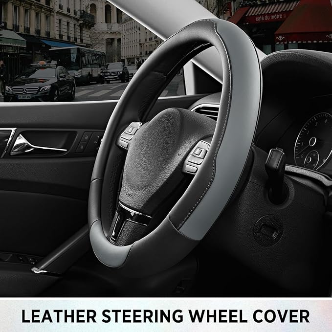 Road Comforts Steering Wheel Cover, Breathable Anti-Slip Leather Steering Wheel Cover, Universal Fit 14.5–15 Inch, Comfortabl