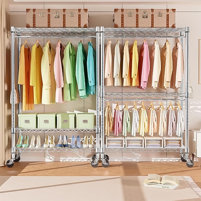 M MZG Heavy Duty Rolling Garment Rack 3 Tiers Adjustable Wire Shelving Clothes Rack with 2 Rods and Side Hooks, Storage Close
