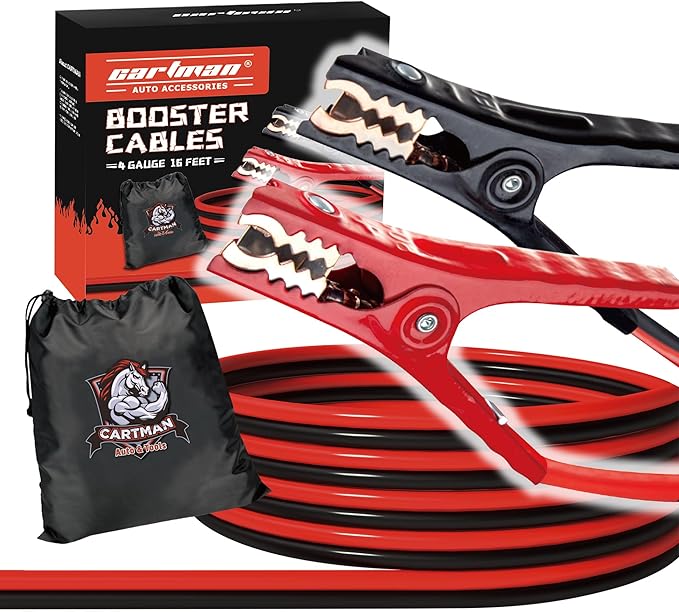 CARTMAN 4 Gauge 16 Feet Jumper Cables 300AMP Heavy Duty Booster Cable in Carry Bag