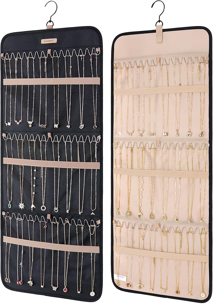 BAGSMART Hanging Necklaces Organizer Jewelry Holder Storage Roll with Hanger Metal Hooks Double-Sided Jewelry Organizer for N