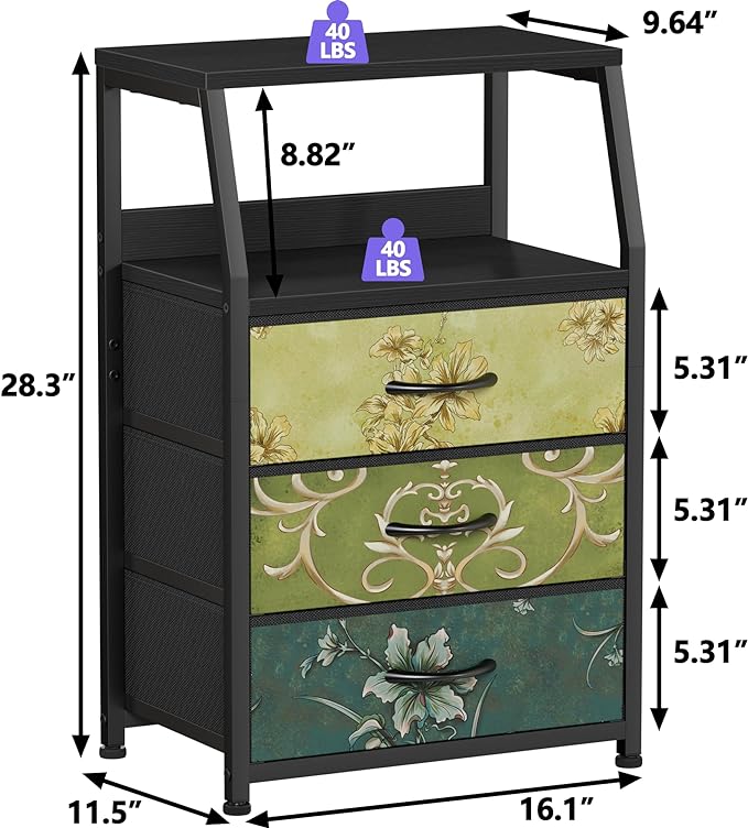 Furnulem Retro Night Stand with 3 Drawers and 2-Tier Shelf, Small Nightstand Side Table, Vintage Storage Dresser for Bedroom,